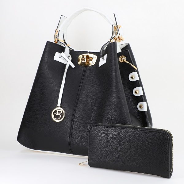 Set Geanta si Portofel - Set geanta casual cu portofel de dama din piele ecologica neagra cu maner alb