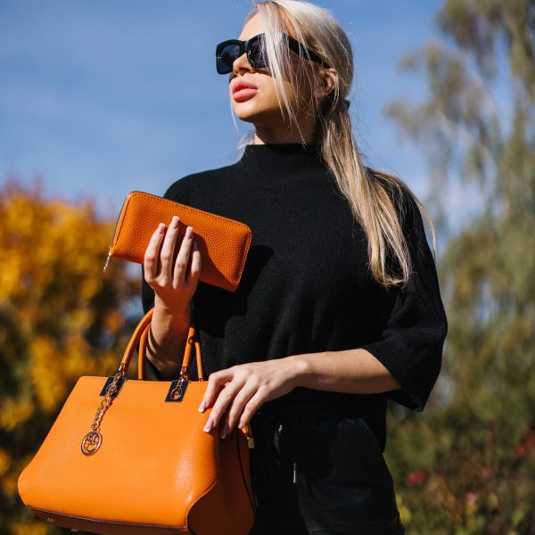 Set geanta portofel dama piele eco portocalie model texturat cu bretea detasabila si doua compartimente Bernadette BSSET2205208 7