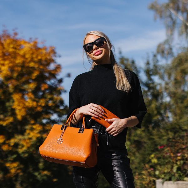 Set geanta portofel dama piele eco portocalie model texturat cu bretea detasabila si doua compartimente Bernadette BSSET2205208 11