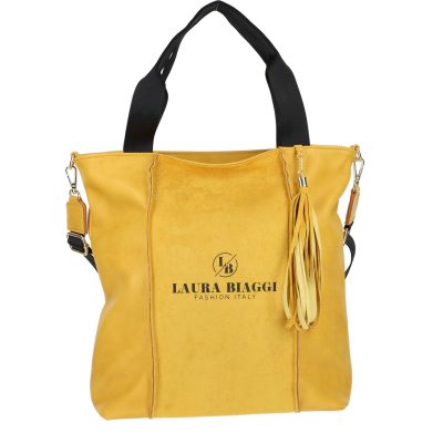 Geanta Shopper dama din piele ecologica galbena cu franjuri galbeni si un compartiment Laura Biaggi BSLBSH2103008
