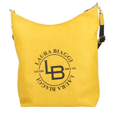 Geanta Shopper talie mare de femei din piele eco galbena texturata logo exterior negru Laura Biaggi BSLBSH210217