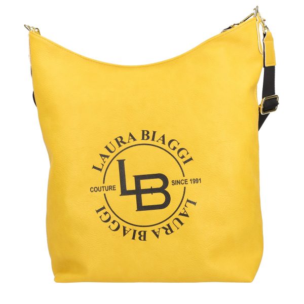 Geanta Shopper talie mare de femei din piele eco galbena texturata logo exterior negru Laura Biaggi BSLBSH210217 5