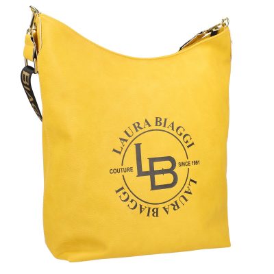 Genti Shopper - Geanta Shopper talie mare de femei din piele eco galbena texturata logo exterior negru Laura Biaggi BSLBSH210217