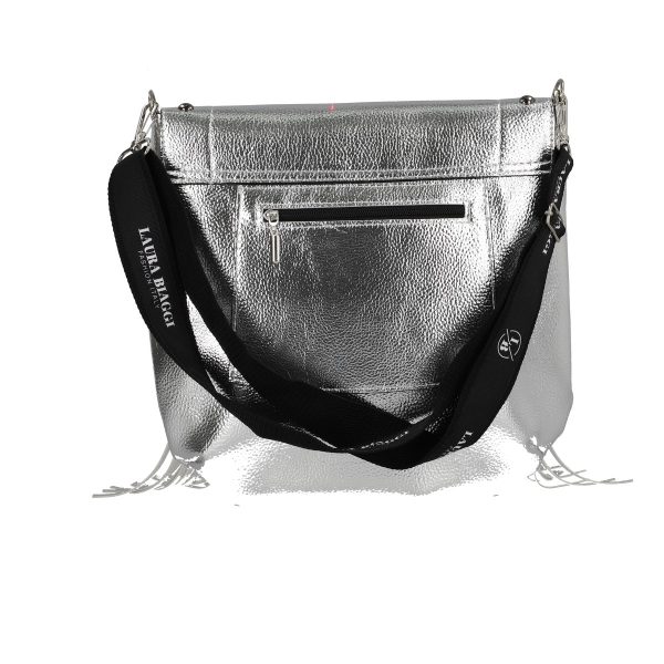 Geanta Dama Argintie Casual din Piele Eco cu Tinte Franjuri si Logo Negru Exterior - Laura Biaggi BSLB210106 8