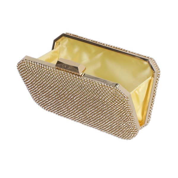 Geanta de ocazii femei din material aurie cu cristale si lant metalic BS994PO2205022 6