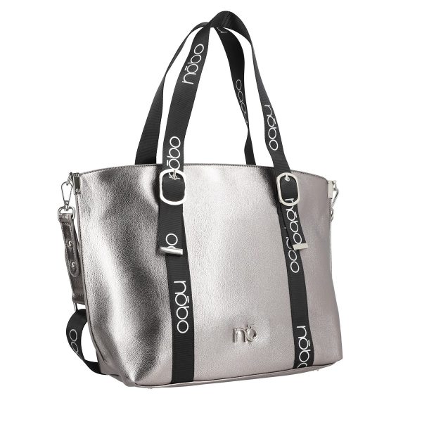 Genti Dama - Geanta Shopper Argintie Lucioasa Femei din Piele Eco, Manere cu Catarame si Trei Buzunare - Nobo BSNOSH2108293