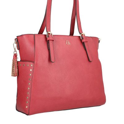 Geanta Shopper dama din piele neteda eco rosie cu elemente metalice si buzunar lung exterior Lulu Castagnette BSLLSH2109076