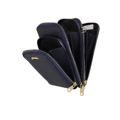 Gentuta mobil cu portofel dama piele eco albastra texturata cu trei compartimente si fermoar Nora BSMP2205210