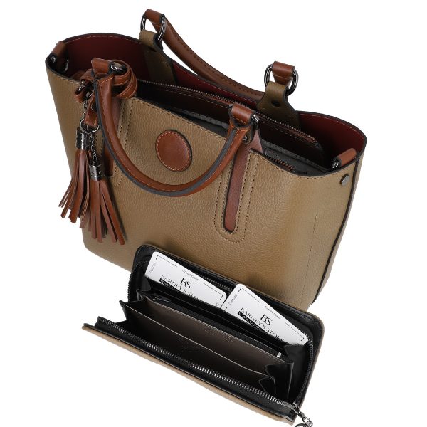 Set geanta cu portofel dama din piele ecologica kaki cu trei compartimente inchidere magnetica BSSET2202004 6