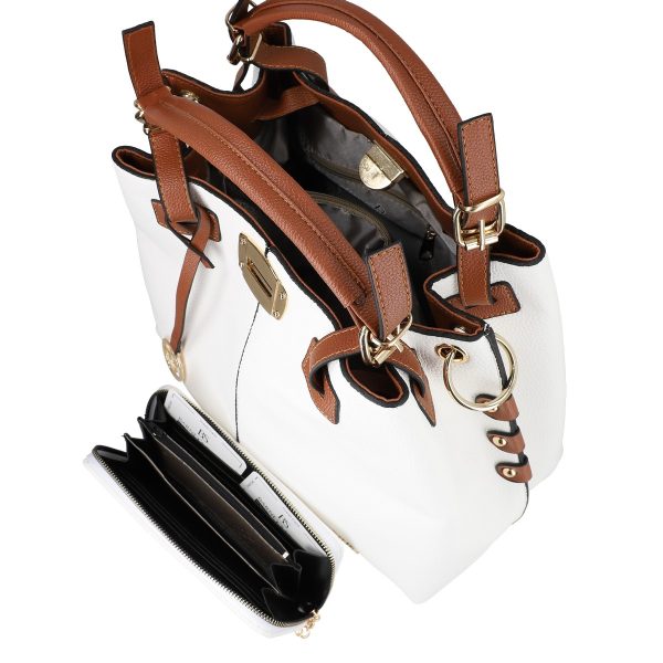 set geanta dama alb cu maner maro cu portofel din piele ecologica bsset2202010 1