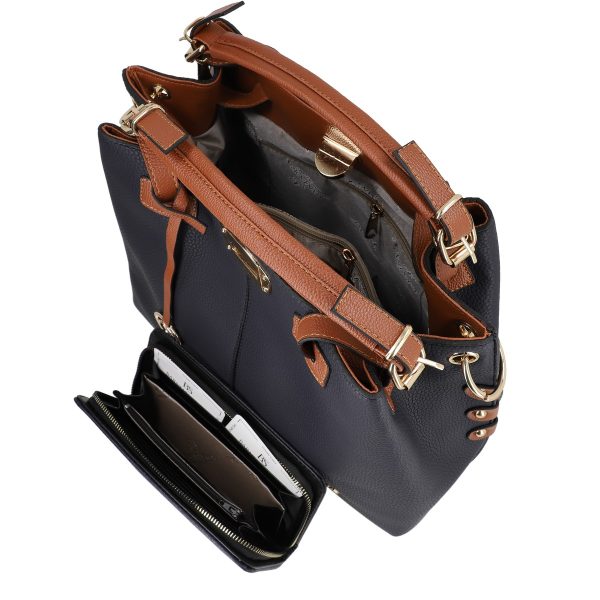Set geanta cu portofel femei piele eco albastra accesoriu metalic manere maro BSSET2202013 3