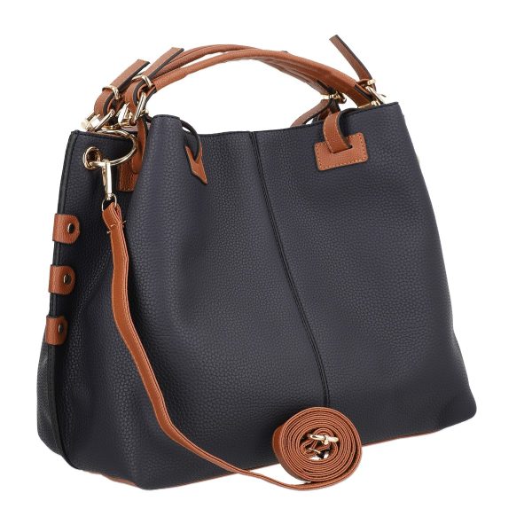 Set geanta cu portofel femei piele eco albastra accesoriu metalic manere maro BSSET2202013 5