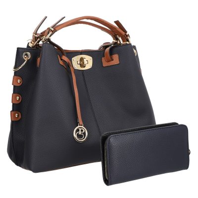 Set geanta cu portofel femei piele eco albastra accesoriu metalic manere maro BSSET2202013 45
