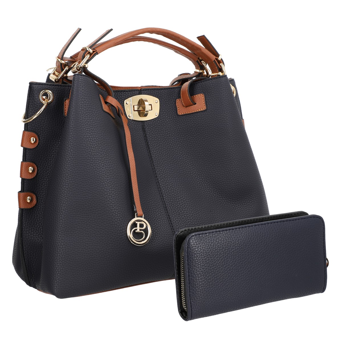 considerate National Safe Set geanta cu portofel femei piele eco albastra accesoriu metalic manere  maro BSSET2202013 - Barneystore