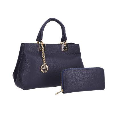Geanta Casual Dama - Set geanta cu portofel femei din piele neteda eco albastru inchis accesoriu exterior metalic Bernadette BSSET2205214
