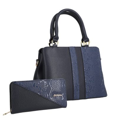Set geanta cu portofel casual de femei din piele eco albastru inchis model texturat cu logo metalic BSSET2204036