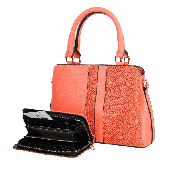 set geanta dama casual coral texturata cu portofel din piele ecologica bsset2204039 2