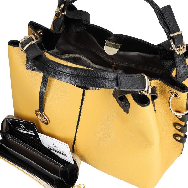 Set geanta cu portofel casual de dama din piele eco galben mustar maner negru doua compartimente BSPASET2205200 3