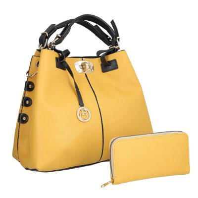 Geantă + CADOU - Set geanta cu portofel casual de dama din piele eco galben mustar maner negru doua compartimente BSPASET2205200