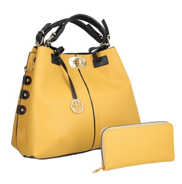 Set geanta cu portofel casual de dama din piele eco galben mustar maner negru doua compartimente BSPASET2205200