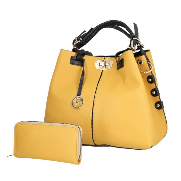 Set geanta cu portofel casual de dama din piele eco galben mustar maner negru doua compartimente BSPASET2205200 4