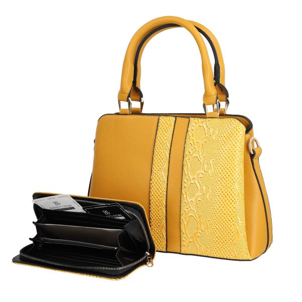 Set geanta cu portofel casual dama piele eco galbena model texturat cu logo BSSET2204041 9