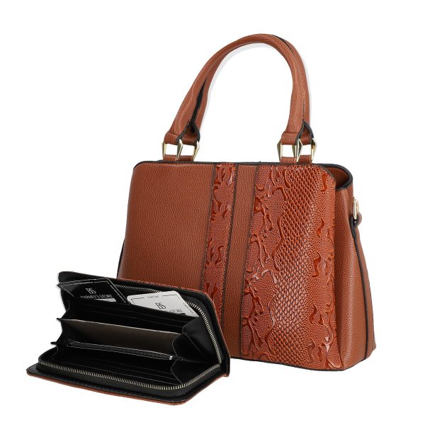 Set geanta cu portofel casual femei piele neteda eco maro model texturat cu logo auriu BSSET2204037 4