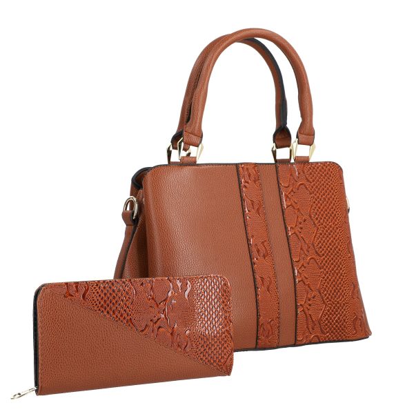 Set geanta cu portofel casual femei piele neteda eco maro model texturat cu logo auriu BSSET2204037 9