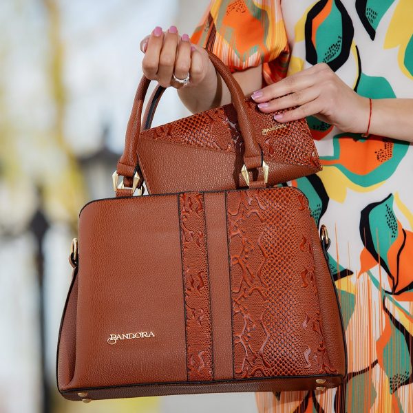 Set geanta cu portofel casual femei piele neteda eco maro model texturat cu logo auriu BSSET2204037 3