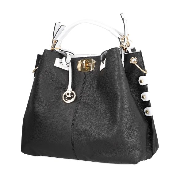 Set geanta casual cu portofel de dama din piele ecologica neagra cu maner alb BSSET22050202 4