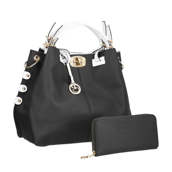 Geantă + CADOU - Set geanta casual cu portofel de dama din piele ecologica neagra cu maner alb BSSET22050202