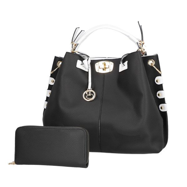 Set geanta casual cu portofel de dama din piele ecologica neagra cu maner alb BSSET22050202 6
