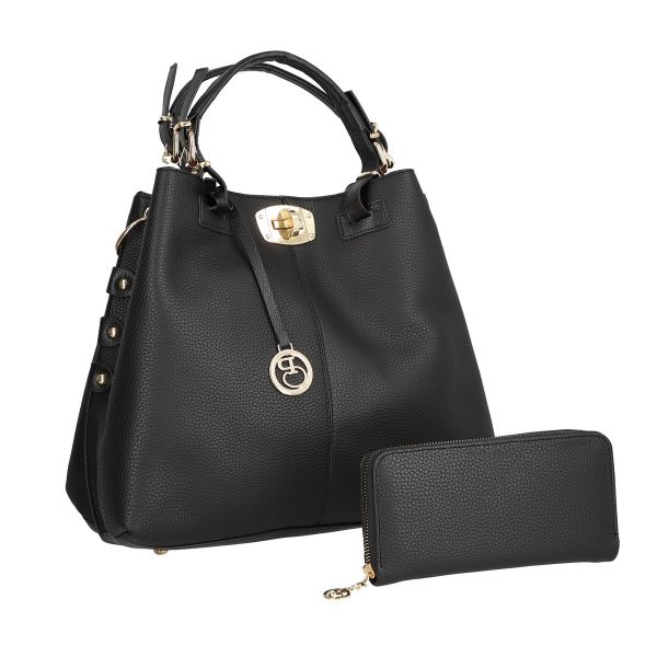 Set geanta cu portofel femei din piele eco neagra cu trei compartimente inchidere magnetica BSSET2204034