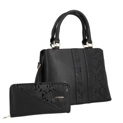 Geantă + CADOU - Set geantă damă casual neagră texturată cu portofel din piele ecologică BSSET2204035