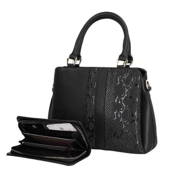set geanta dama casual neagra texturata cu portofel din piele ecologica bsset2204035 2