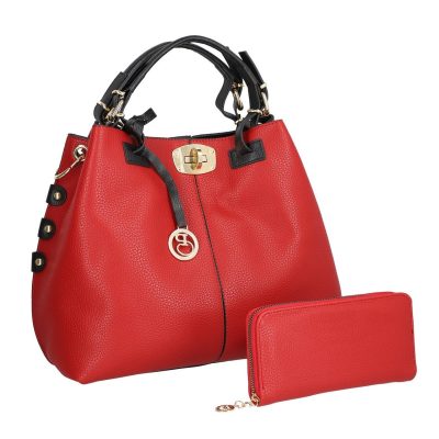 Geantă + CADOU - Set geanta casual cu portofel dama din piele eco rosie cu maner negru doua compartimente BSSET2205201
