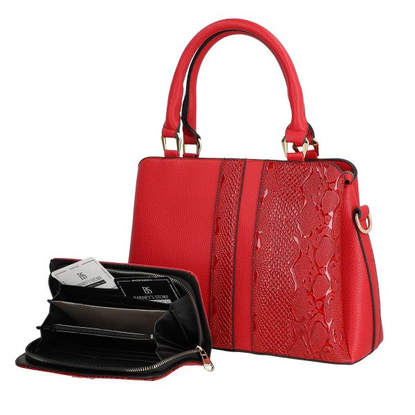 Set geanta cu portofel casual de femei piele ecologica rosie model texturat cu logo BSSET2204038 6
