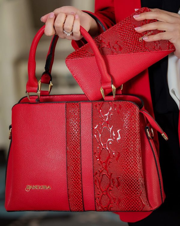 Set geanta cu portofel casual de femei piele ecologica rosie model texturat cu logo BSSET2204038 4