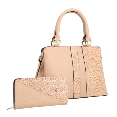 Set geanta cu portofel casual femei piele eco roz model texturat cu logo BSSET2204040