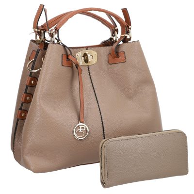 Geantă + CADOU - Set geanta cu portofel dama piele neteda ecologica kaki accesoriu metalic manere maro BSSET2202014
