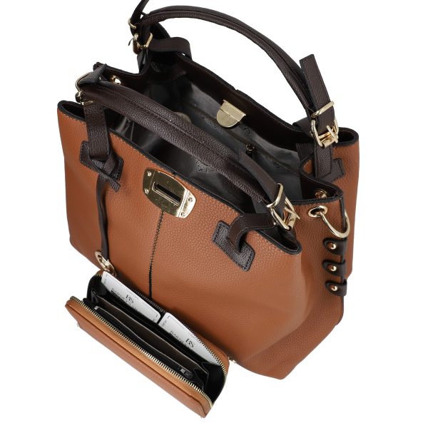 Set geanta cu portofel femei din piele ecologica maro accesoriu metalic manere maro inchis BSSET2202012 3