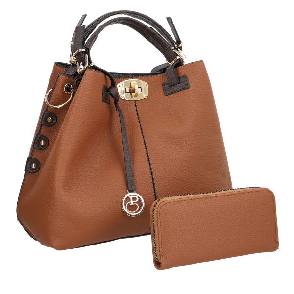 Geantă + CADOU - Set geanta cu portofel femei din piele ecologica maro accesoriu metalic manere maro inchis BSSET2202012