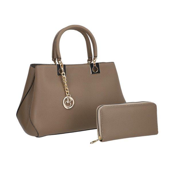 Set geanta cu portofel de dama piele eco kaki si accesoriu metalic Bernadette BSSET2205204