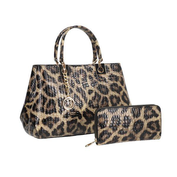 Set geanta cu portofel femei piele eco maro cu pete accesoriu exterior metalic Bernadette BSSET2205213 11