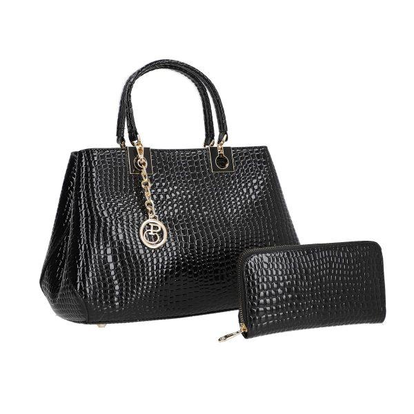 Geantă + CADOU - Set geanta portofel dama din piele eco neagra model texturat cu bretea detasabila si doua compartimente Bernadette BSSET2205207