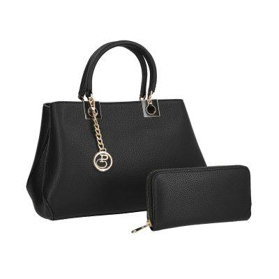 Set geanta portofel femei piele neteda eco neagra texturata cu bretea detasabila si doua compartimente Bernadette BSSET2205210