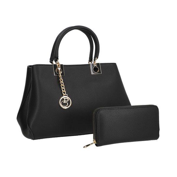 Set geanta portofel femei piele neteda eco neagra texturata cu bretea detasabila si doua compartimente Bernadette BSSET2205210 9
