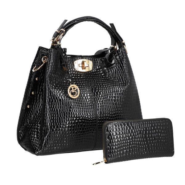 Set geanta dama piele ecologica texturata neagra cu maner negru si portofel BSSET2205203