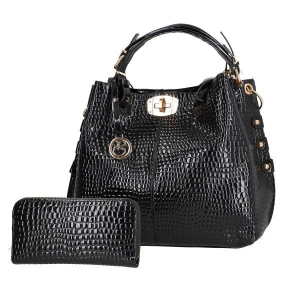 set geanta dama neagra texturata cu maner negru si portofel din piele ecologica bsset2205203 2 1