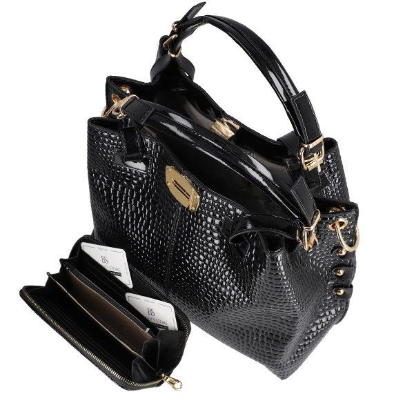 set geanta dama neagra texturata cu maner negru si portofel din piele ecologica bsset2205203 5 1